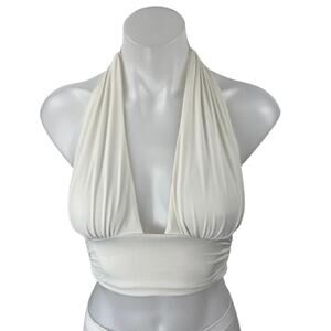 Princess Polly White Halter Sleeveless Plunging V Neck Open Back Crop Top Size 2